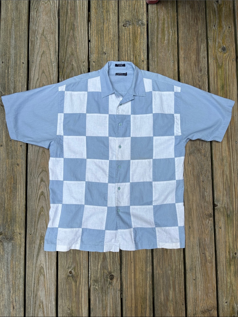 KOMAN | Blue & White Y2K Style Streetwear Checkered Linen Blend Shirt | Size L